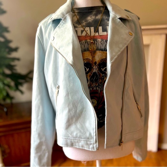 Outer Edge Ice Blue Faux Suede Edgy Moto Jacket Sz XL - Picture 4 of 14